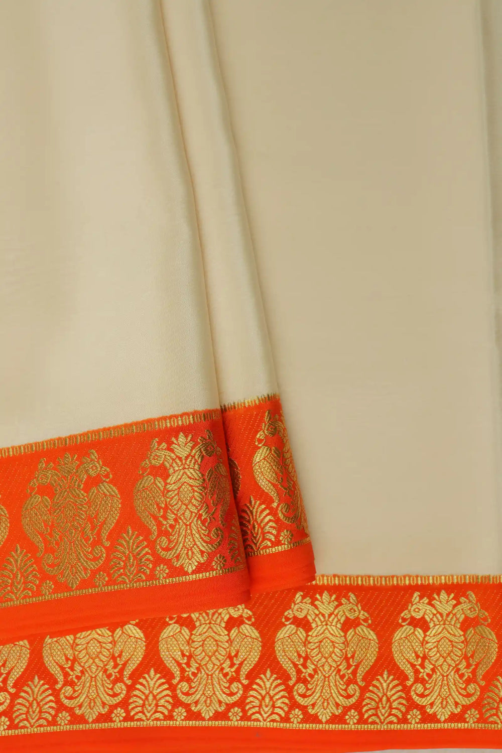 Pure Mysore Silk Sarees Ivory White and Orange with gandaberunda Border