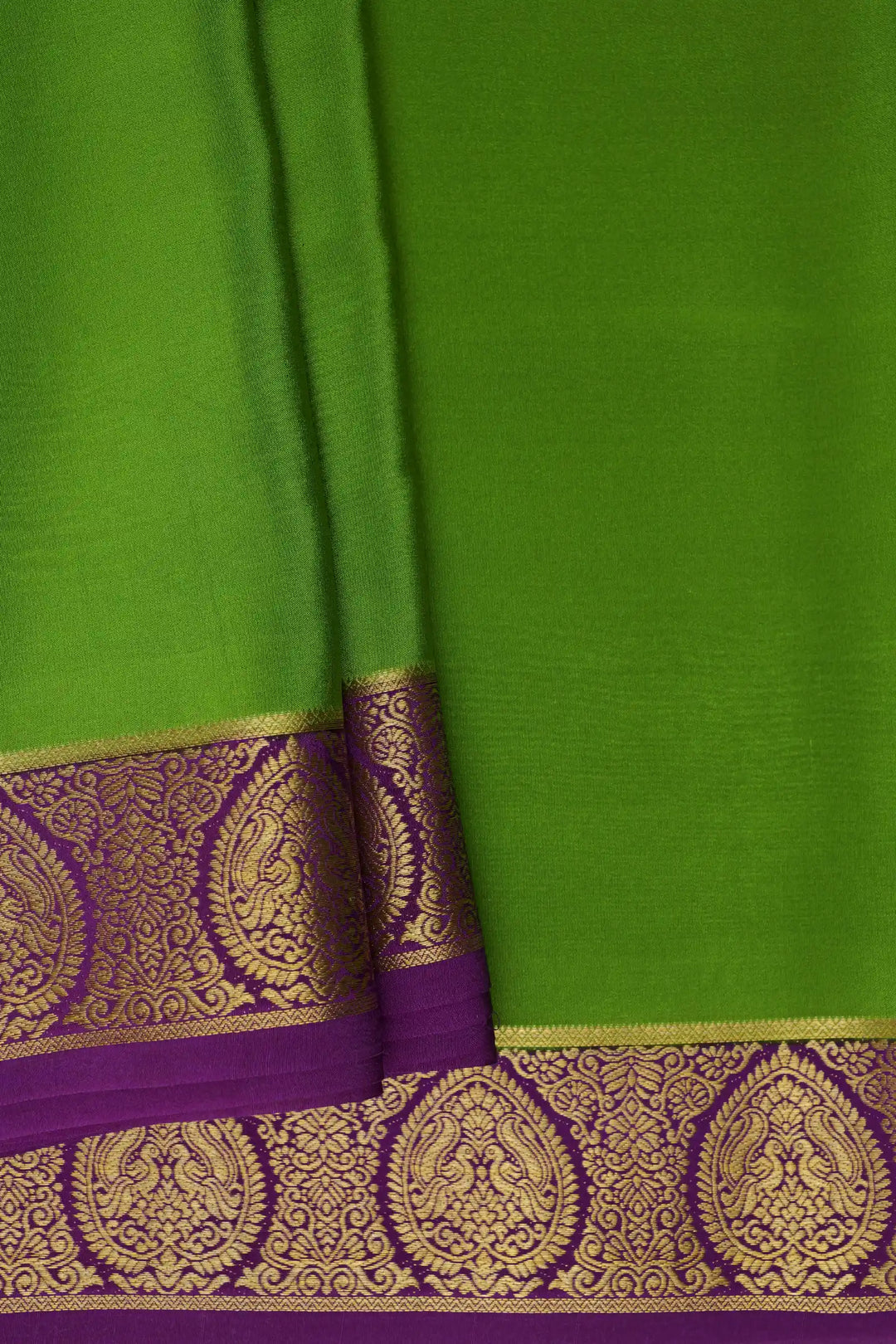 Pure Mysore Silk Sarees Light Green with Purple Border Gold Zari Lace