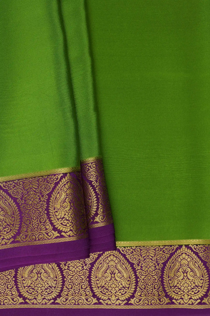 Pure Mysore Silk Sarees Light Green with Purple Border Gold Zari Lace