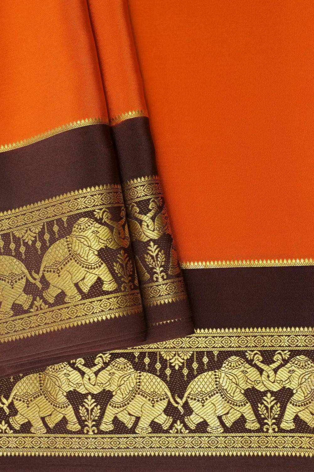 Pure Mysore Silk Sarees Orange with Brown Border and gold design