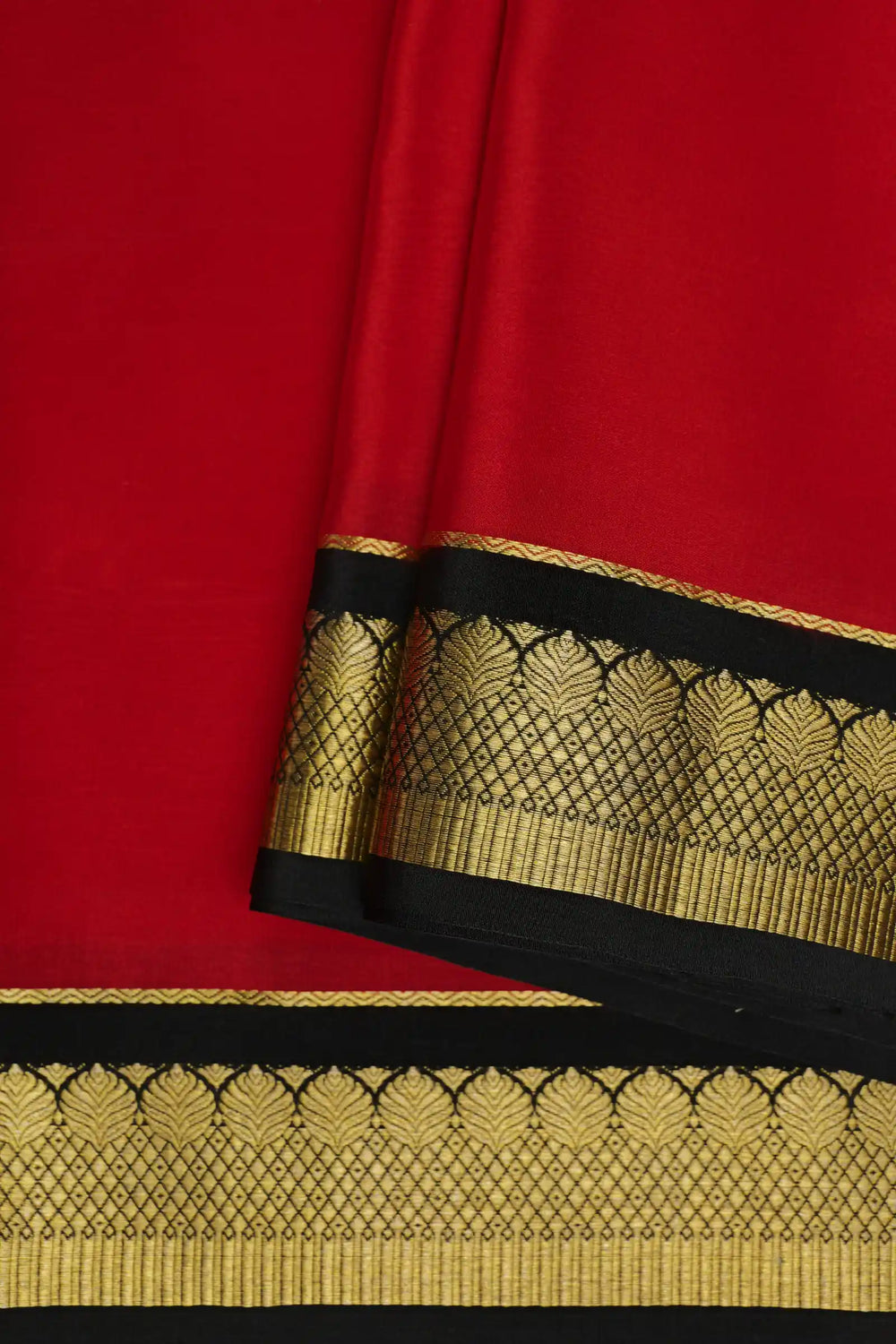 Pure Mysore Silk Sarees Red with Black Border Gold Zari Lace