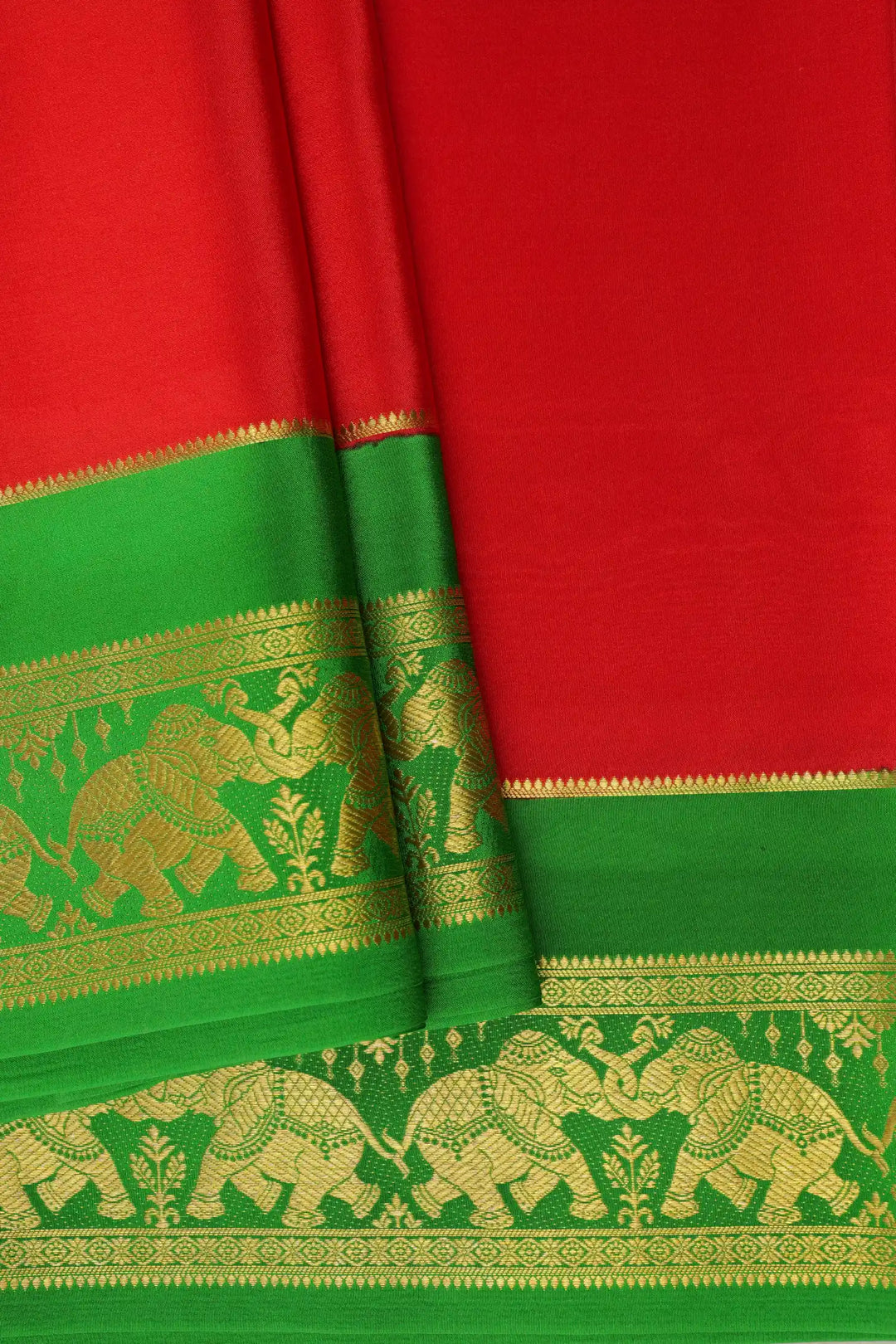 Pure Mysore Silk Sarees Red with Green Border and Elephant Design