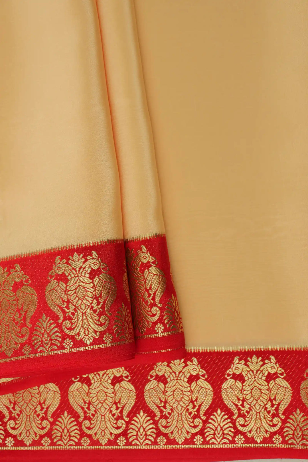 Pure Mysore Silk Sarees in Beige with Red and gandaberunda border