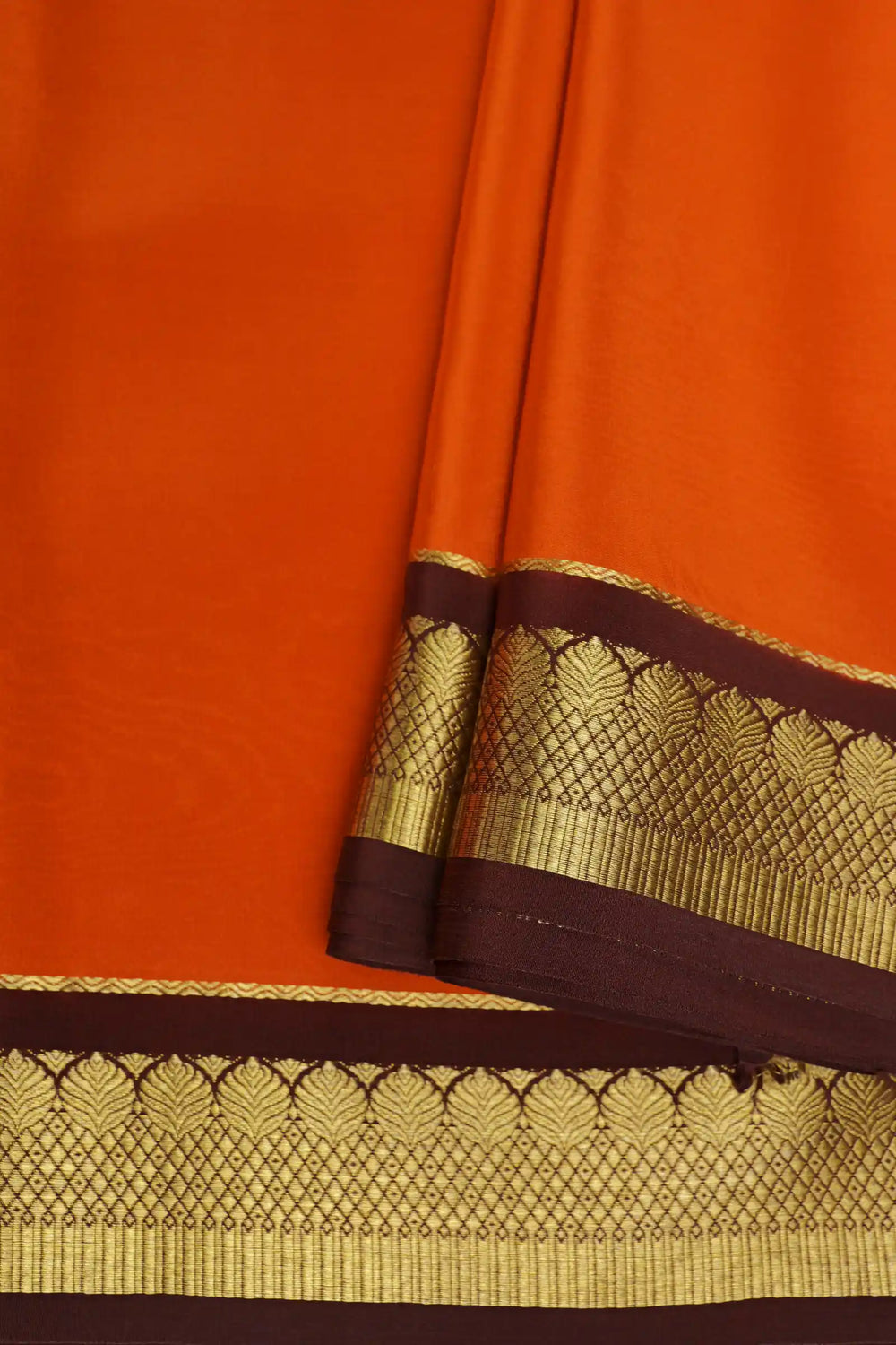 Pure Mysore Silk Sarees in Bright Orange with Maroon and Gold Border