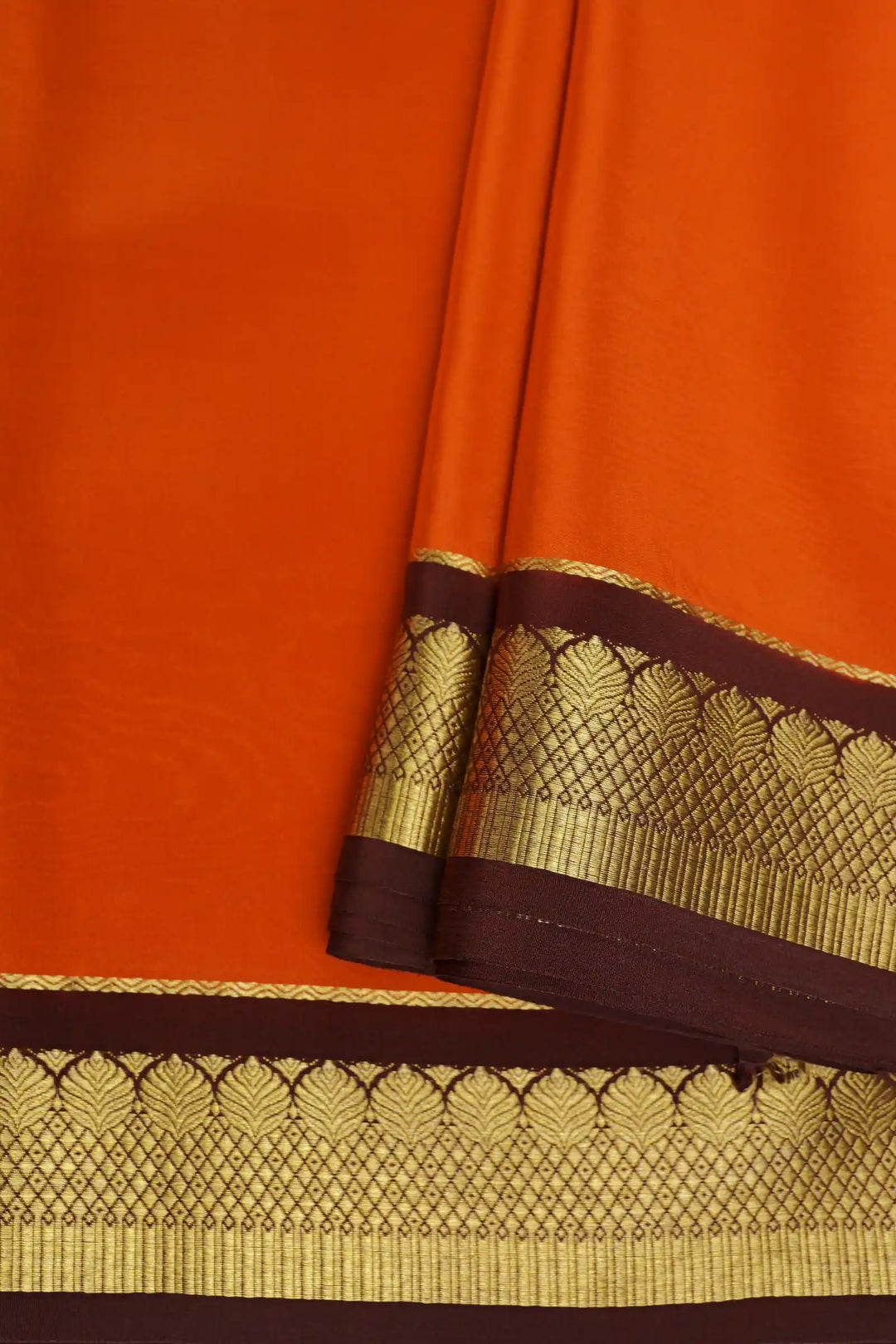 Pure Mysore Silk Sarees in Bright Orange with Maroon and Gold Border