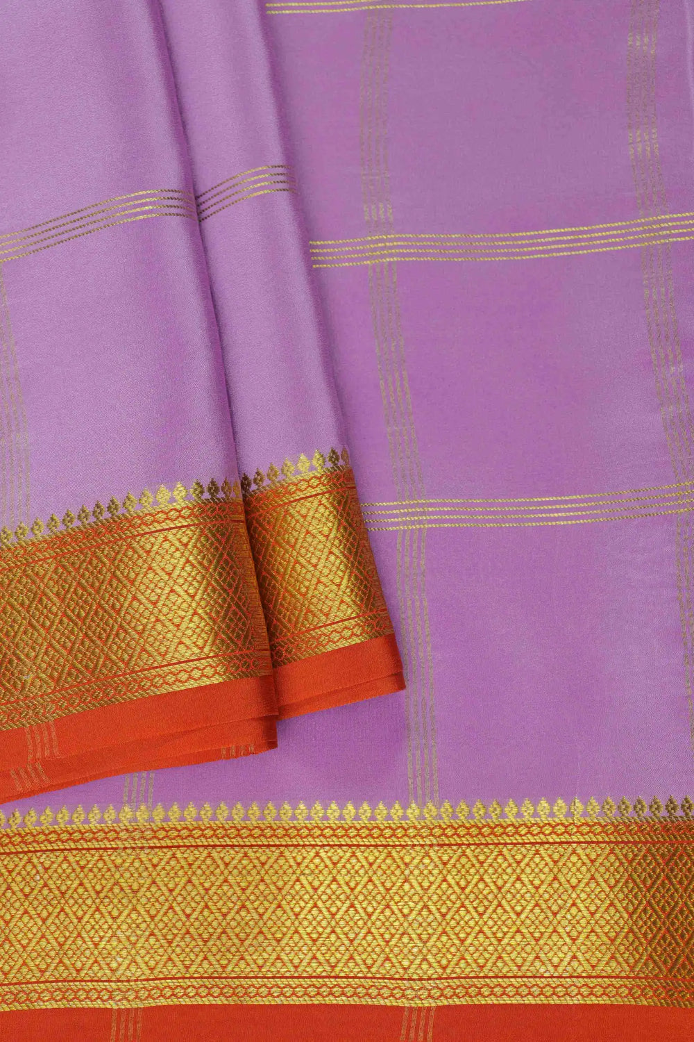 Pure Mysore Silk Sarees in Lavender with Contrast Orange and Gold Border