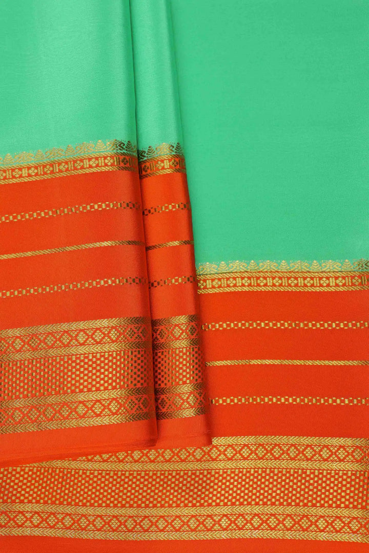 Pure Mysore Silk Sarees in Mint Green with Contrast Orange and Gold Border