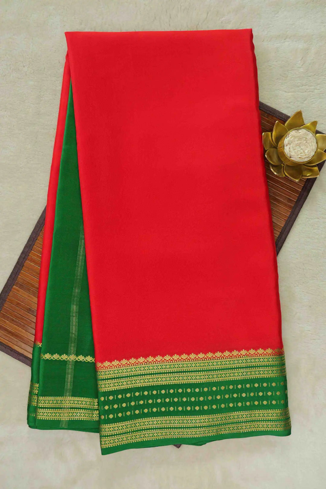 Pure Mysore Silk Sarees in bright red with green zari border