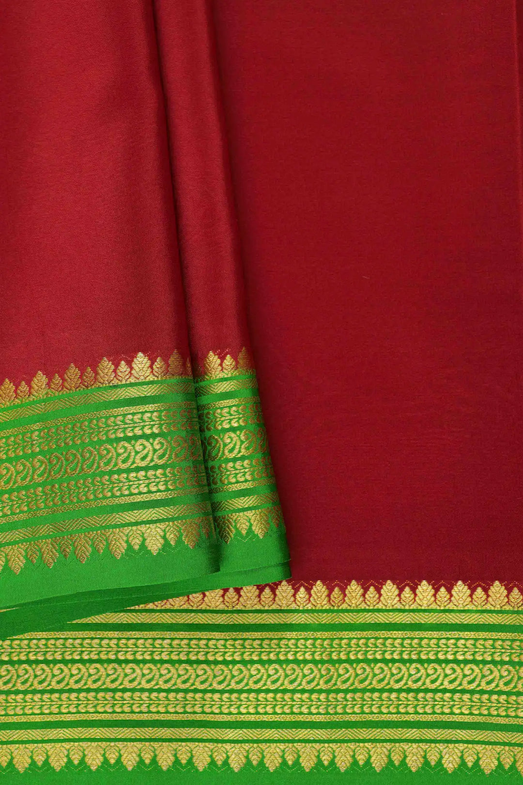 Pure Mysore Silk Sarees in red color with green blouse and zari border