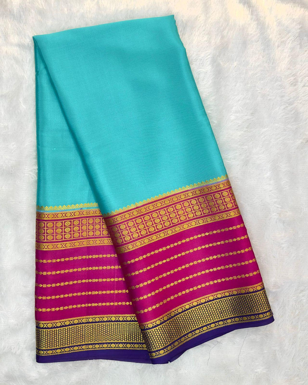 Aqua Blue Mysore Crepe Silk 3D Saree | Rudhraksh | Atharva - ATHARVA