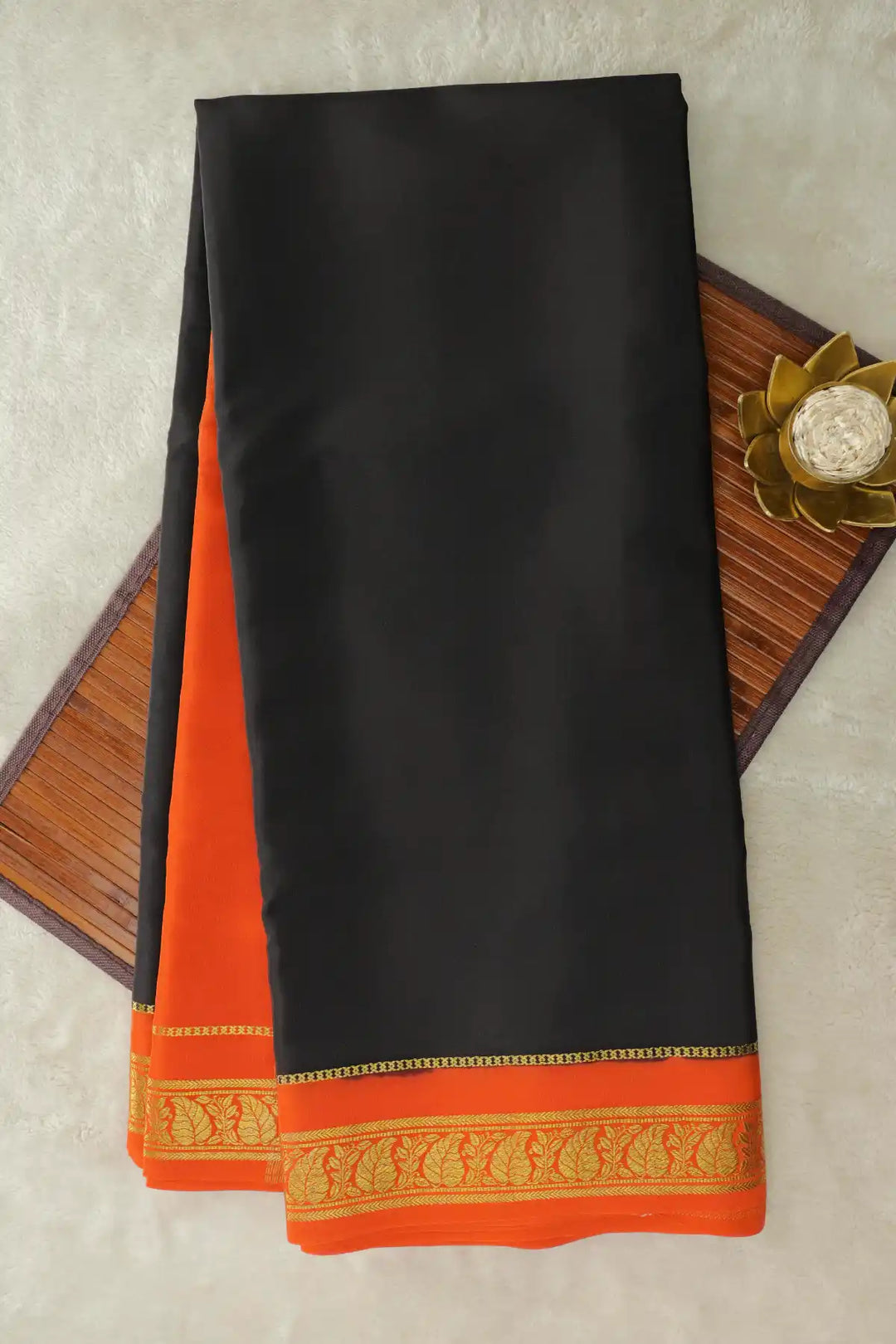 Pure Mysore silk saree in black with orange border