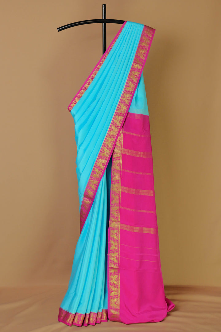 Pure Mysore silk saree in blue and pink tones – Atharva