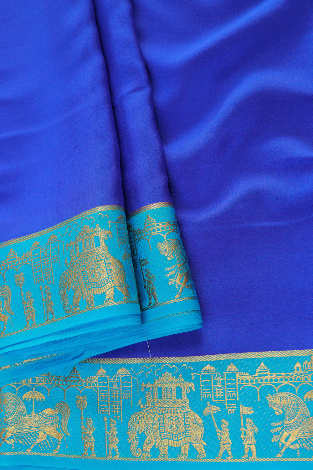 Pure Mysore silk saree in blue with contrasting aqua border border