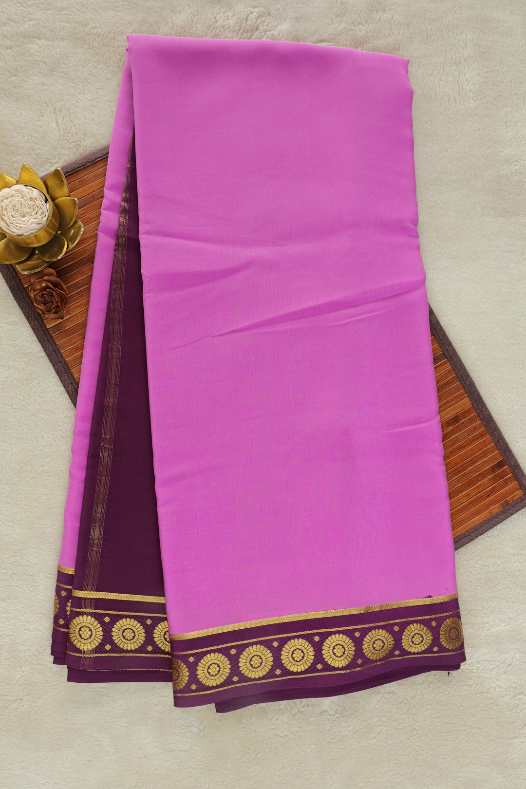 Pure Mysore silk saree in bright pink with a contrasting maroon border