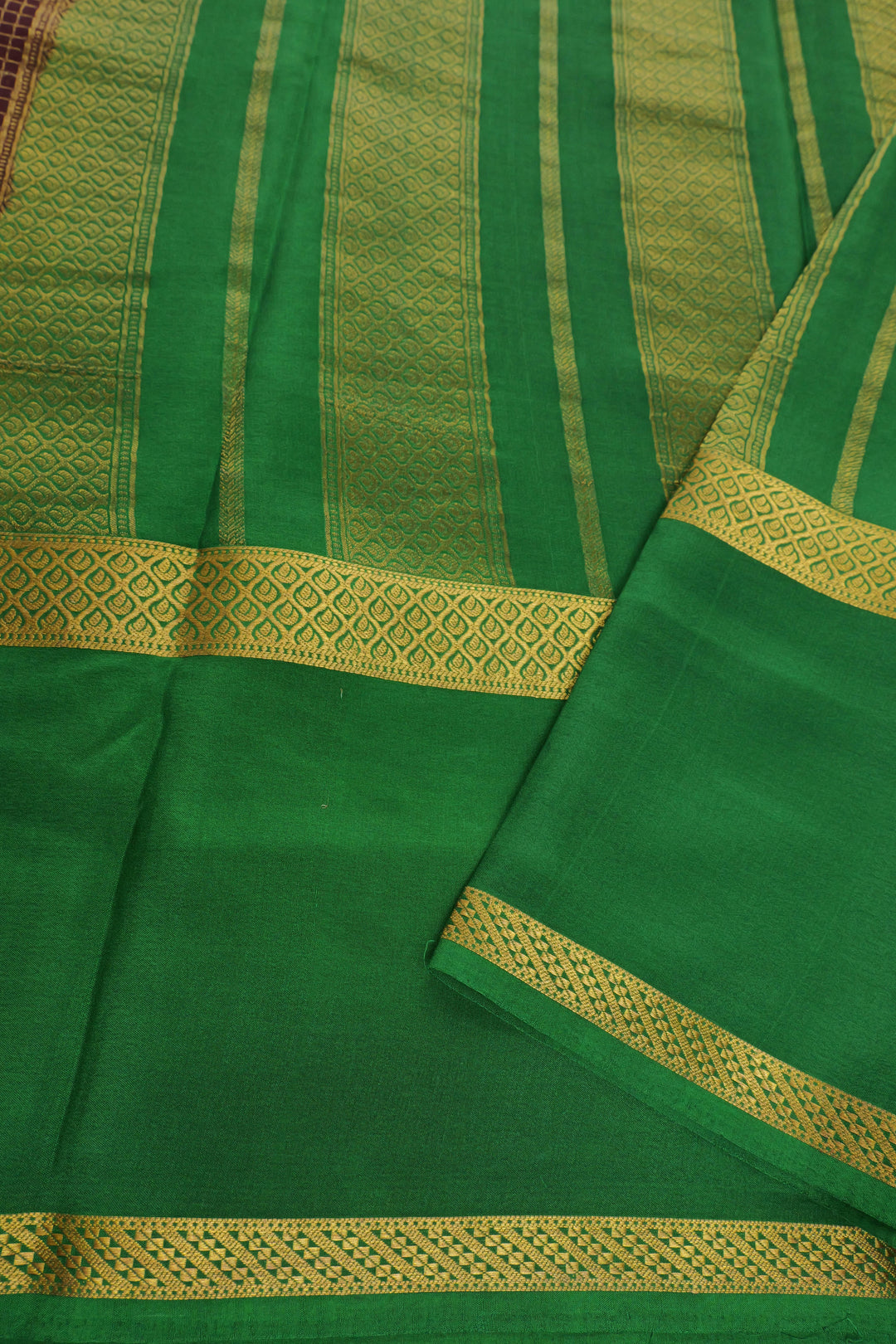 Pure Mysore silk saree in brown with green zari pallu