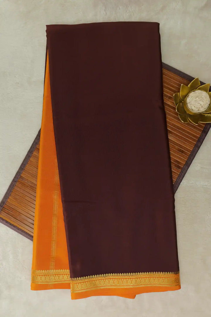 Pure Mysore silk saree in brown with orange border