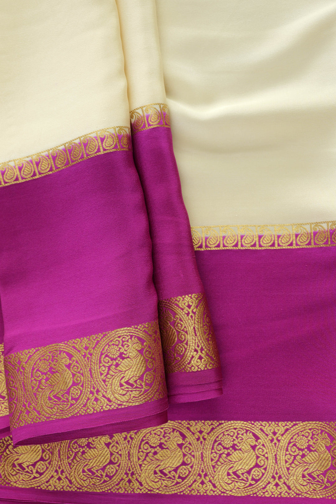 Pure Mysore silk saree in cream body with purple pallu
