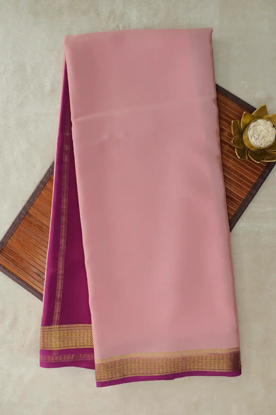 Pure Mysore silk saree in light pink with purple border