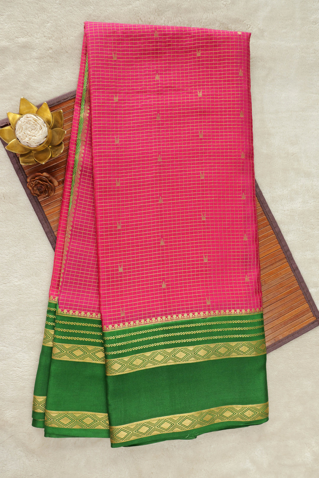 Pure Mysore silk saree in pink with green and gold border