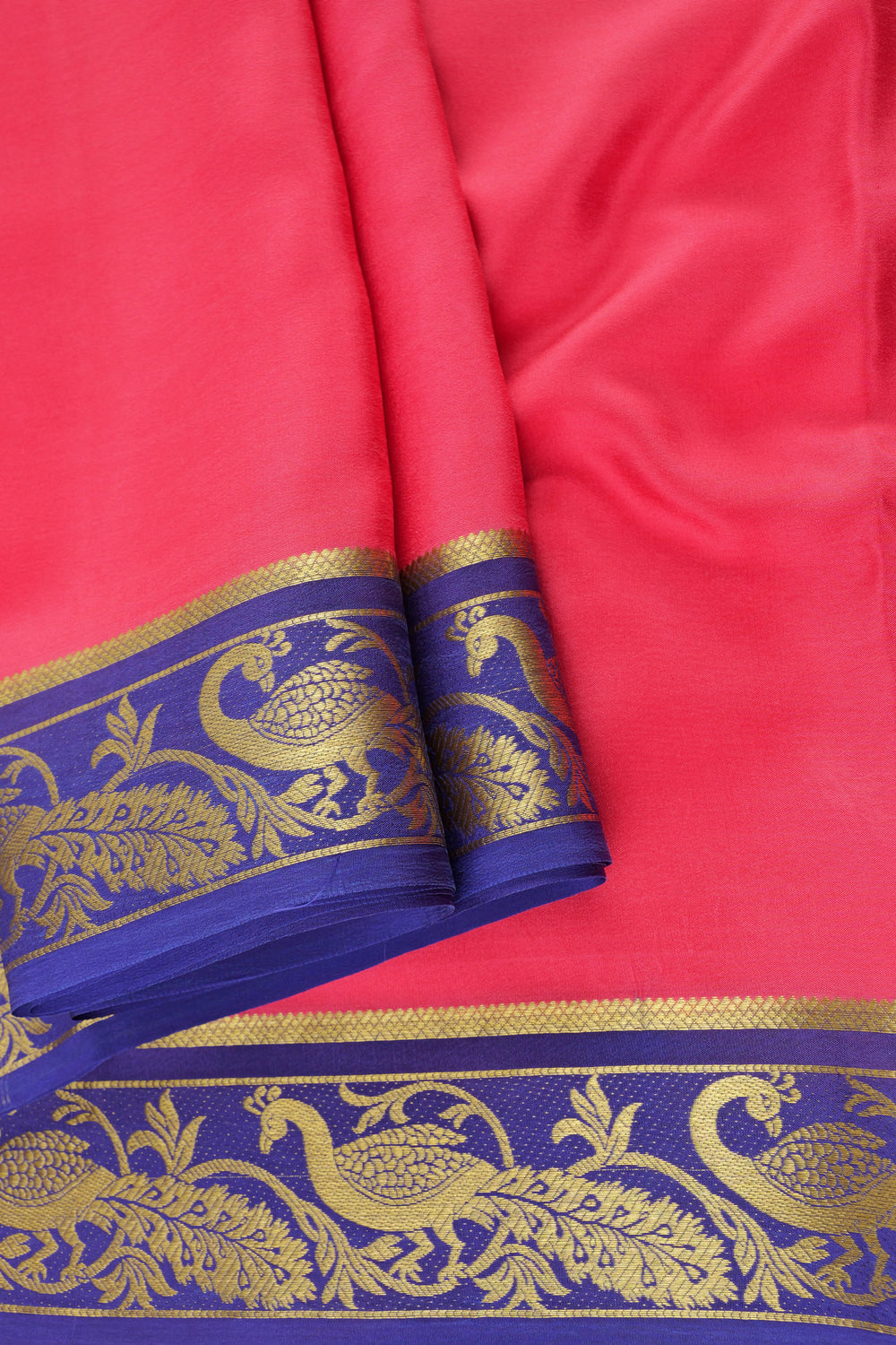Pure Mysore silk saree in pink with rich blue and gold woven border design