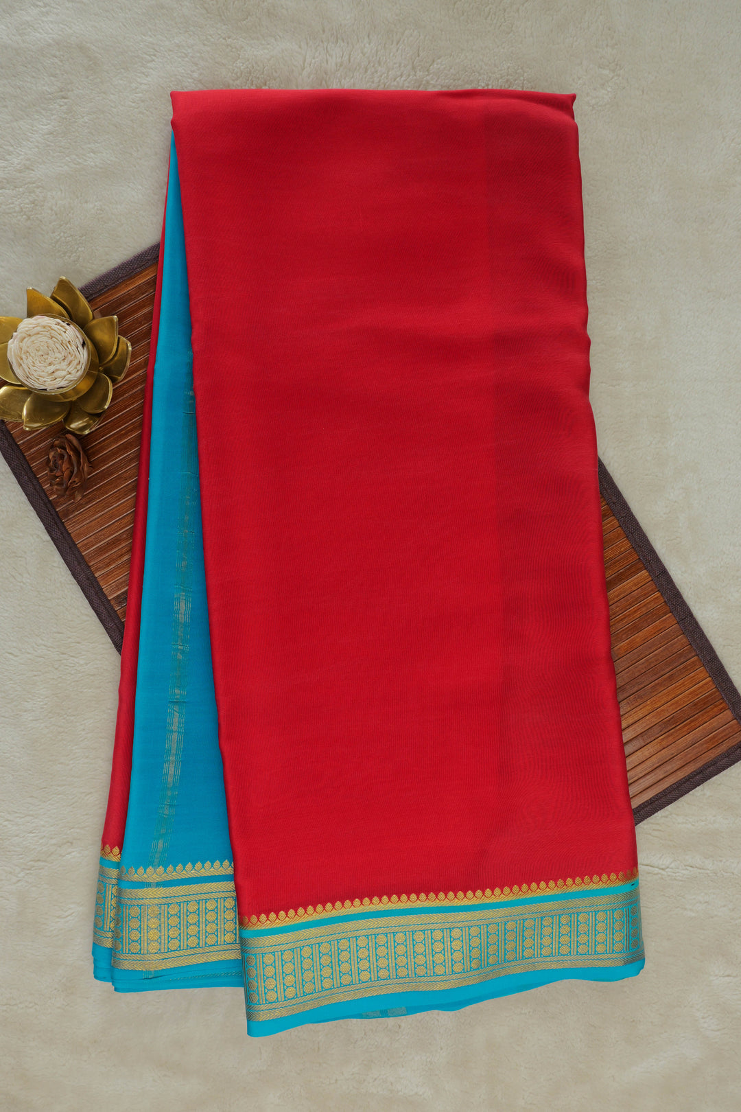 Pure Mysore silk saree in red with blue and gold zari border