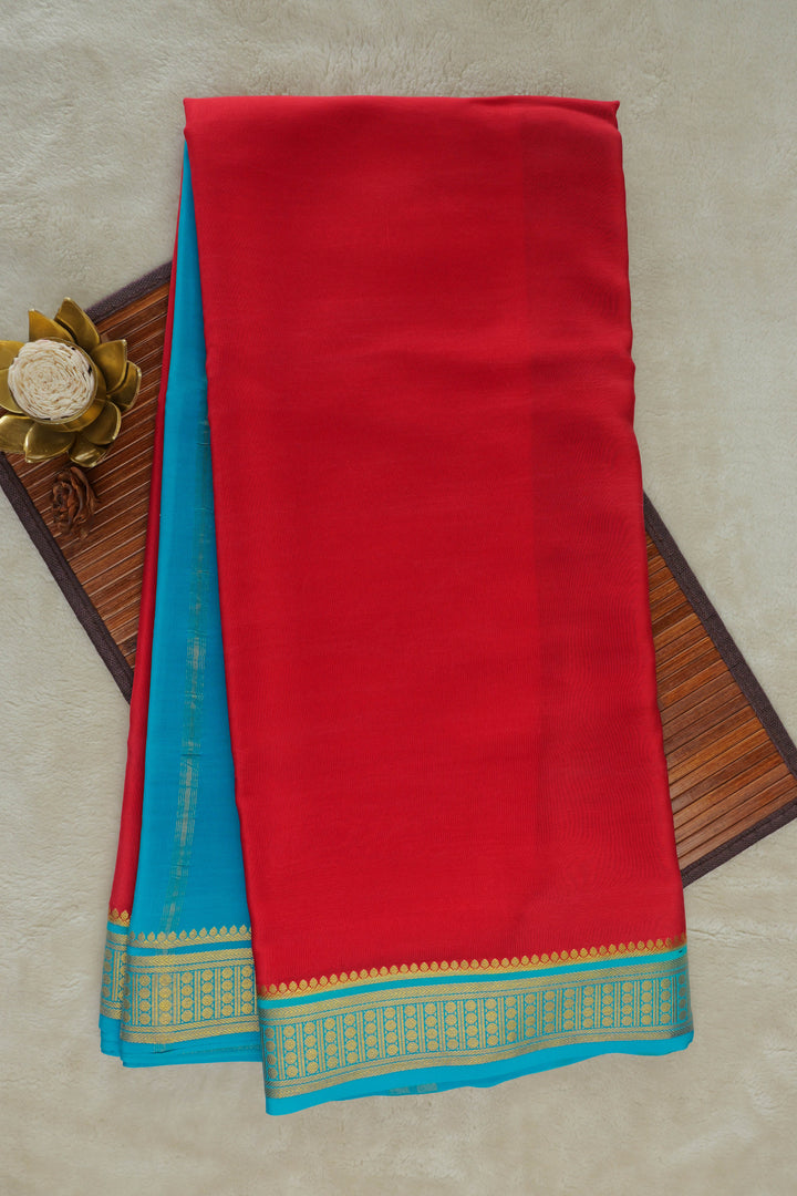 Pure Mysore silk saree in red with blue and gold zari border