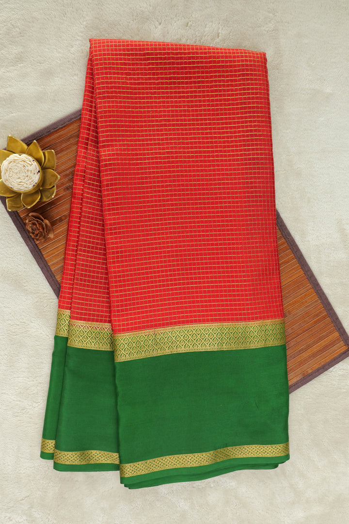 Pure gold lace Mysore silk saree in bright red with stripes and contrasting green pallu