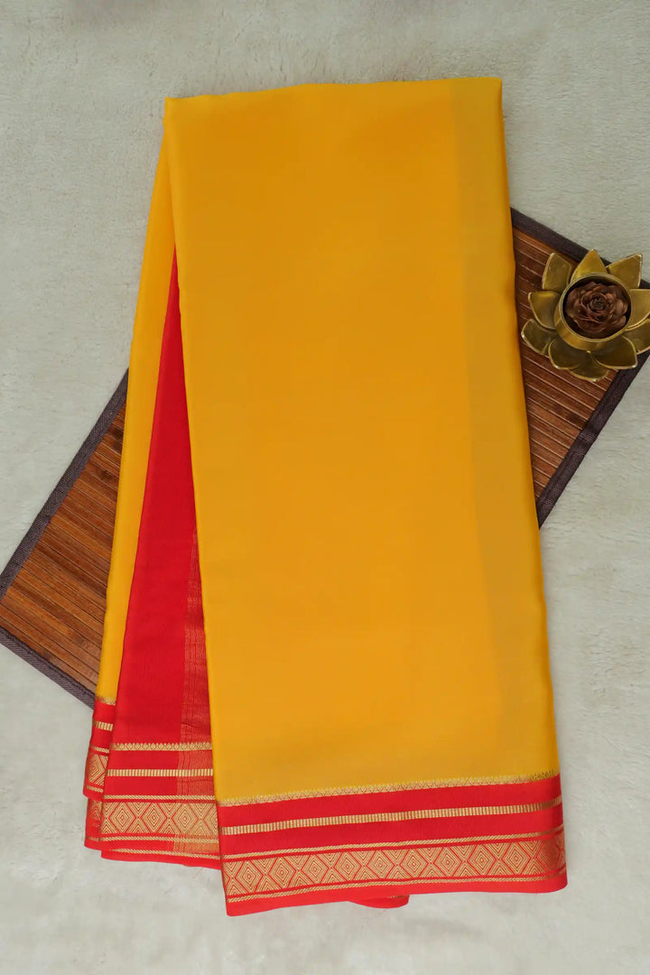 2 Line Bentex Gold Lace Border Pure Mysore Silk Saree in Yellow and Red Color With Contrast Red Color Blouse