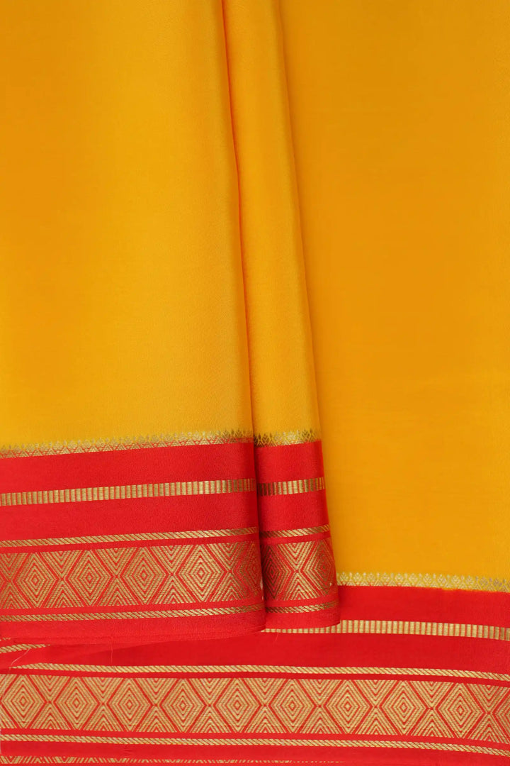 2 Line Bentex Gold Lace Border Pure Mysore Silk Saree in Yellow and Red Color With Contrast Red Color Blouse