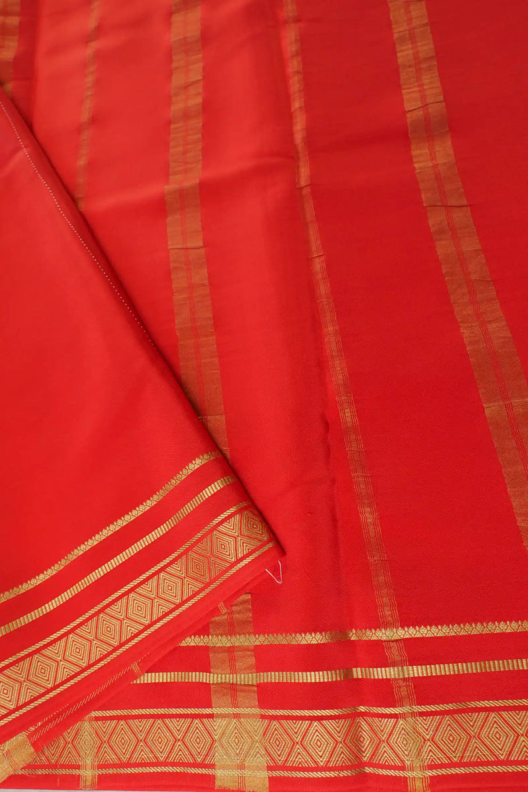 2 Line Bentex Gold Lace Border Pure Mysore Silk Saree in Yellow and Red Color With Contrast Red Color Blouse