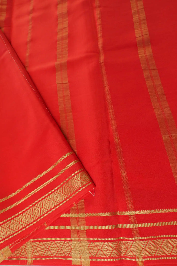 2 Line Bentex Gold Lace Border Pure Mysore Silk Saree in Yellow and Red Color With Contrast Red Color Blouse