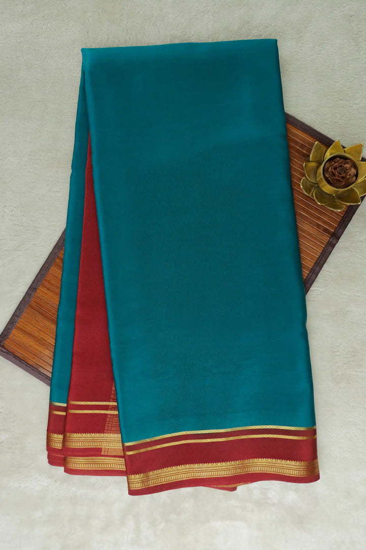 2 Line Bentex Gold Lace Border Pure Mysore Silk Saree in Blue and Brown Color With Contrast Brown Color Blouse