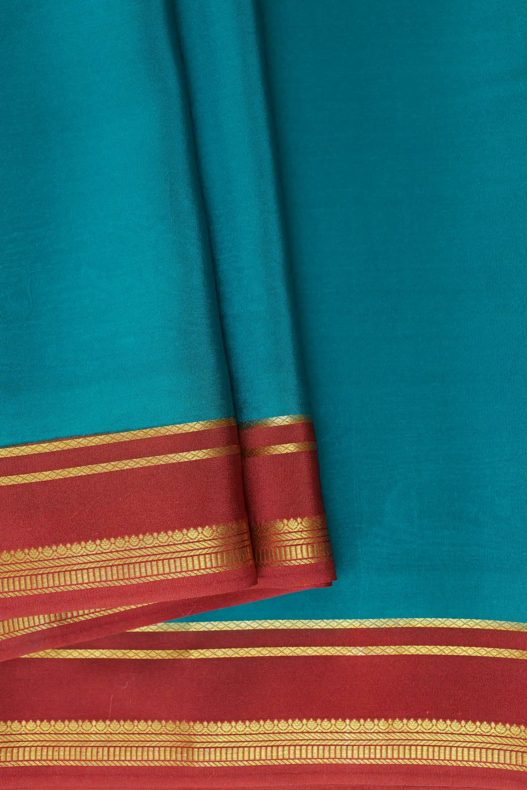 2 Line Bentex Gold Lace Border Pure Mysore Silk Saree in Blue and Brown Color With Contrast Brown Color Blouse