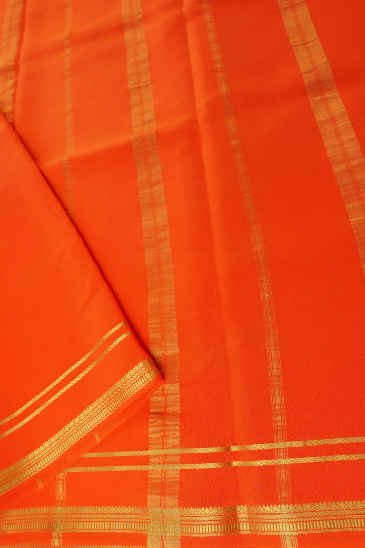 Pure Mysore Silk Saree in Gray and Orange Color With Contrast Orange Color Blouse and 2 Line Bentex Gold Lace Border