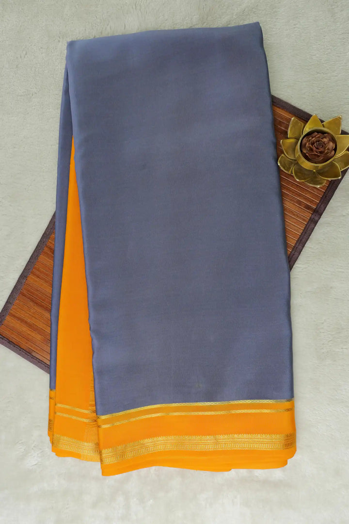 2 Line Bentex Gold Lace Border Pure Mysore Silk Saree in Gray and Yellow Color With Contrast Yellow Color Blouse