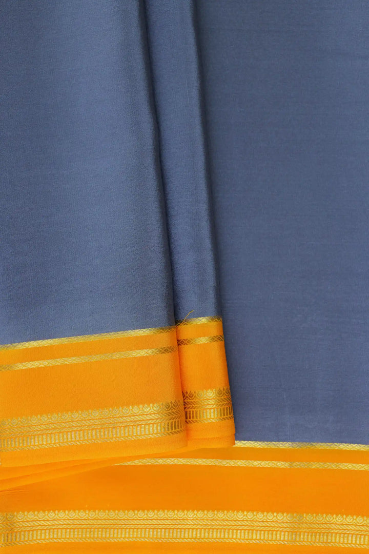 2 Line Bentex Gold Lace Border Pure Mysore Silk Saree in Gray and Yellow Color With Contrast Yellow Color Blouse