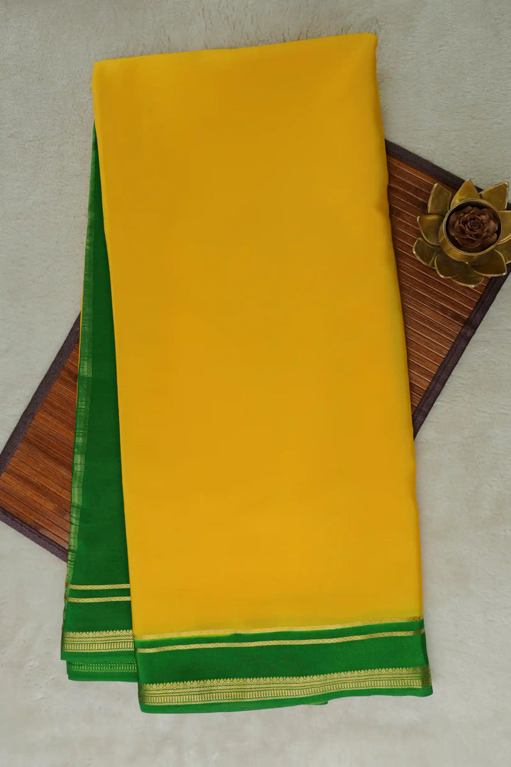 2 Line Bentex Gold Lace Border Pure Mysore Silk Saree in Yellow and Green Color With Contrast Green Color Blouse