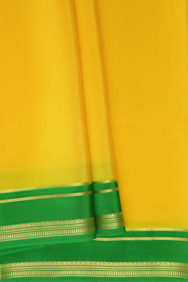 2 Line Bentex Gold Lace Border Pure Mysore Silk Saree in Yellow and Green Color With Contrast Green Color Blouse