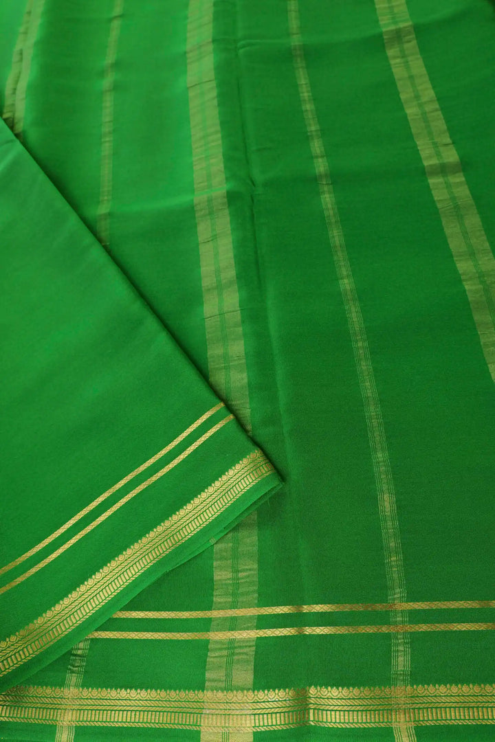 2 Line Bentex Gold Lace Border Pure Mysore Silk Saree in Yellow and Green Color With Contrast Green Color Blouse