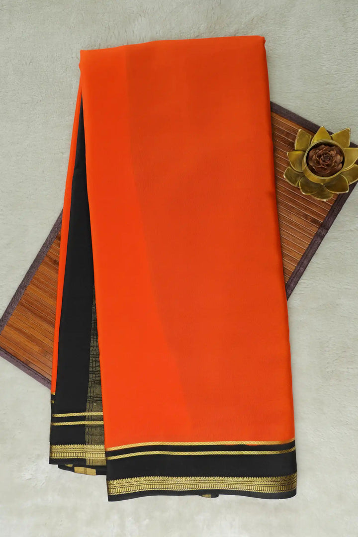 2 Line Bentex Gold Lace Border Pure Mysore Silk Saree in Orange and Black Color With Contrast Black Color Blouse