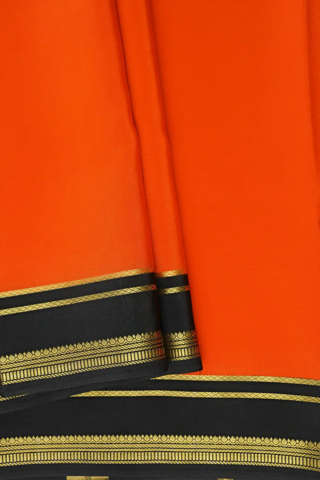 2 Line Bentex Gold Lace Border Pure Mysore Silk Saree in Orange and Black Color With Contrast Black Color Blouse