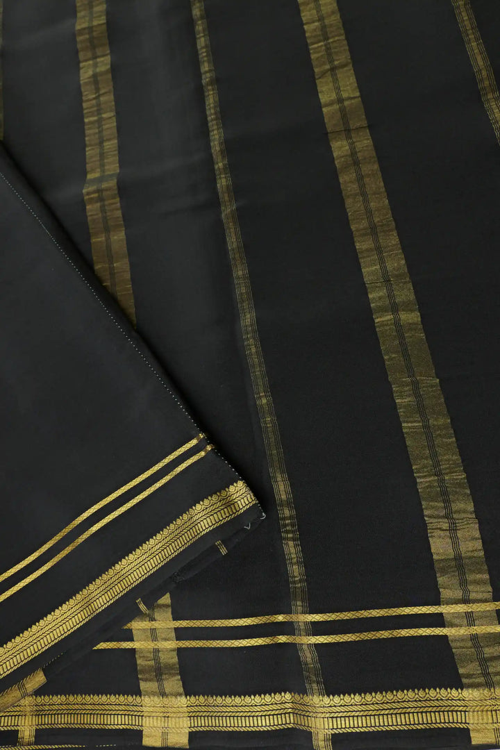 2 Line Bentex Gold Lace Border Pure Mysore Silk Saree in Orange and Black Color With Contrast Black Color Blouse