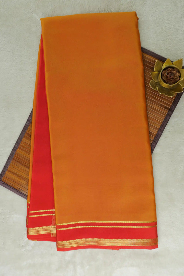 2 Line Bentex Gold Lace Border Pure Mysore Silk Saree in Orange and Red Color With Contrast Red Color Blouse