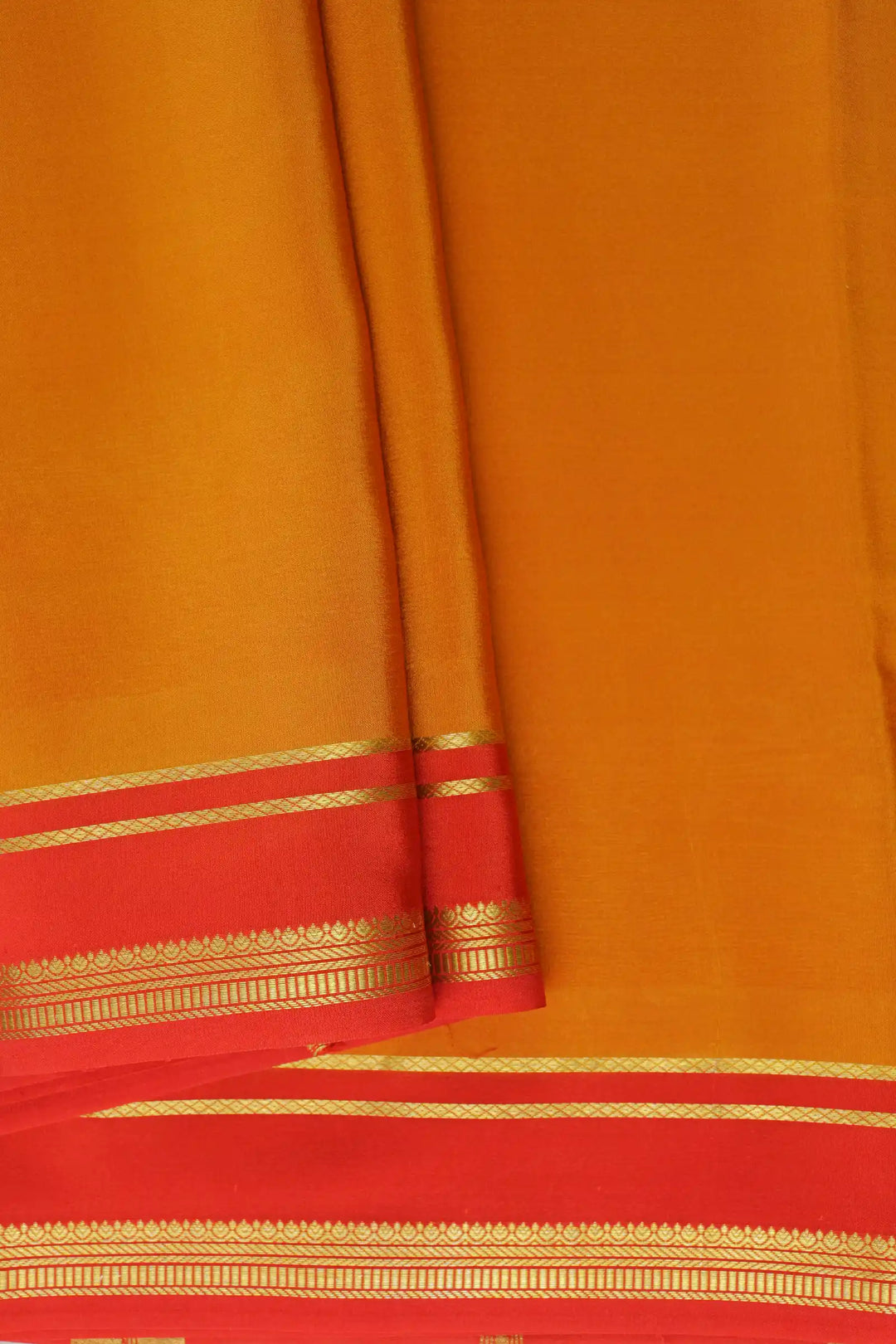 2 Line Bentex Gold Lace Border Pure Mysore Silk Saree in Orange and Red Color With Contrast Red Color Blouse