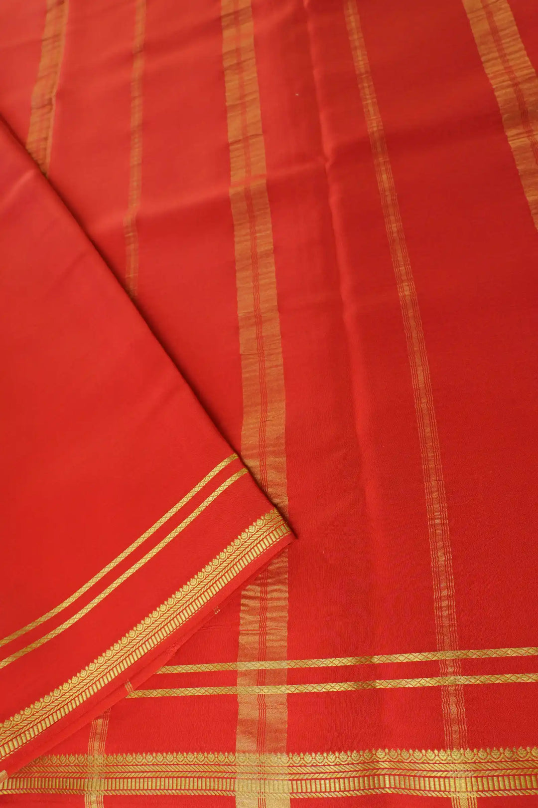 2 Line Bentex Gold Lace Border Pure Mysore Silk Saree in Orange and Red Color With Contrast Red Color Blouse