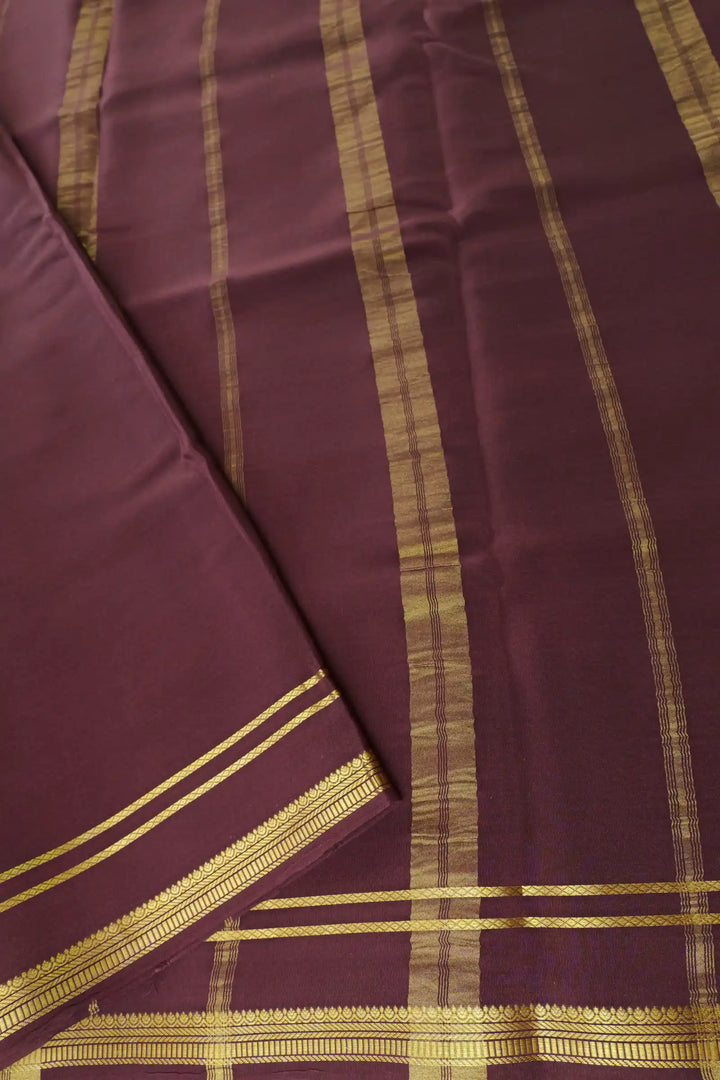 2 Line Bentex Gold Lace Border Pure Mysore Silk Saree in Gold and Brown Color With Contrast Brown Color Blouse