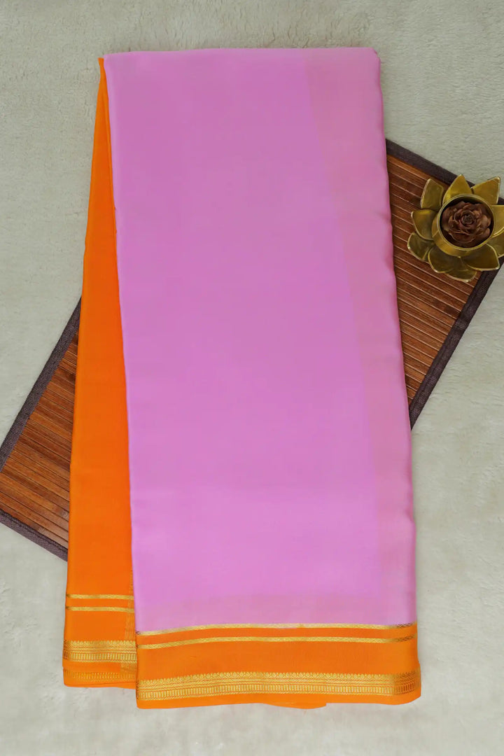 2 Line Bentex Gold Lace Border Pure Mysore Silk Saree in Pink and Orange Color With Contrast Orange Color Blouse