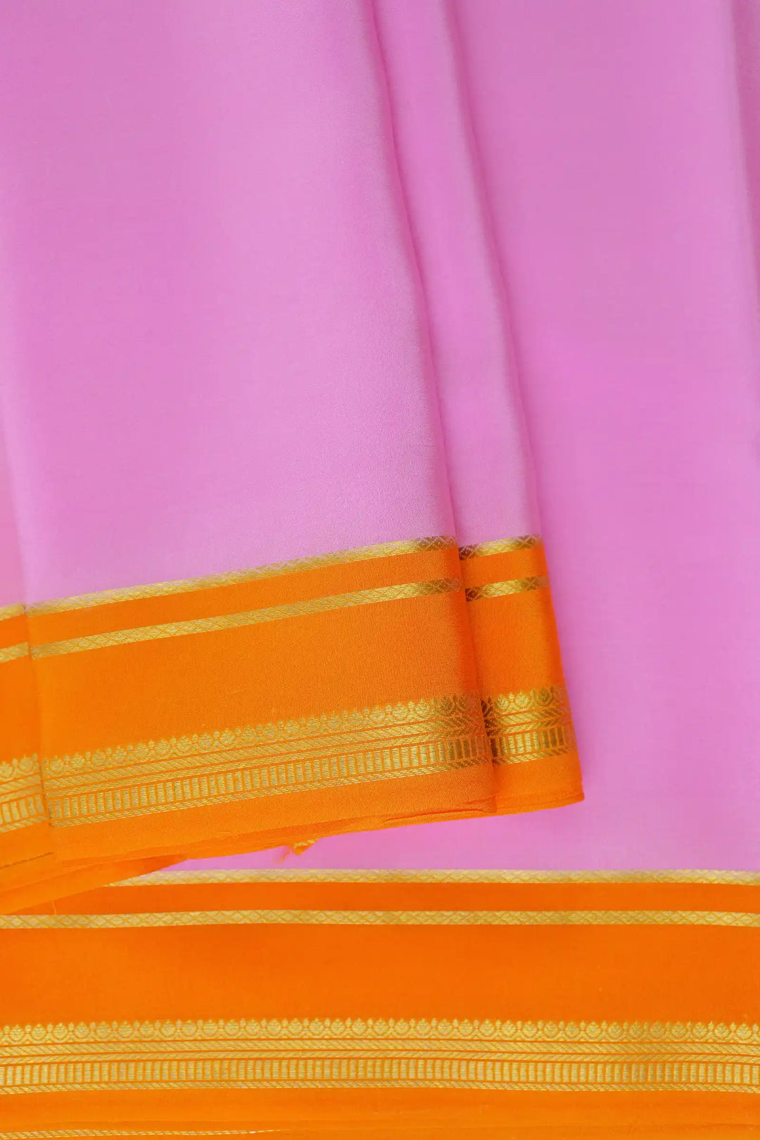 2 Line Bentex Gold Lace Border Pure Mysore Silk Saree in Pink and Orange Color With Contrast Orange Color Blouse