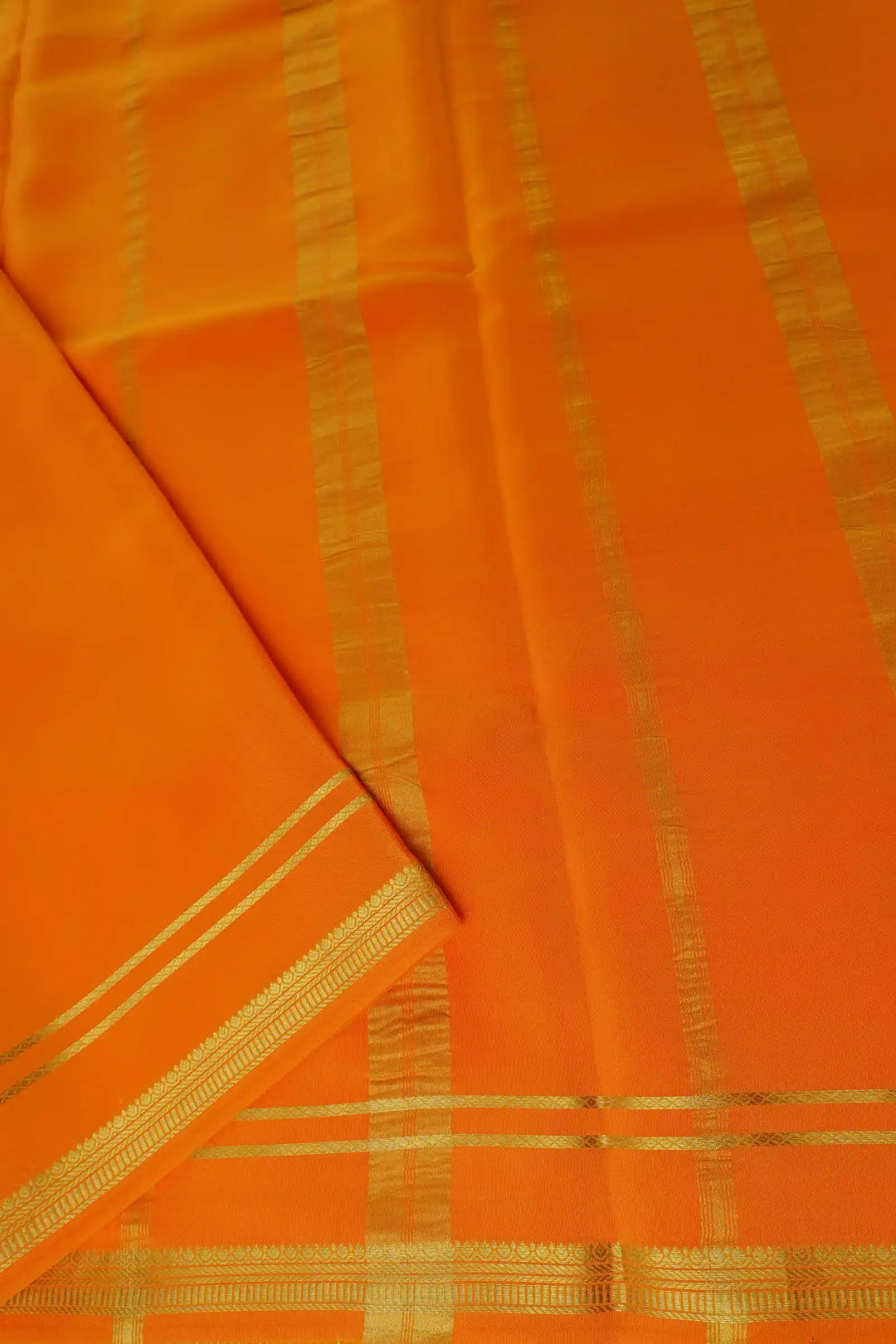 2 Line Bentex Gold Lace Border Pure Mysore Silk Saree in Pink and Orange Color With Contrast Orange Color Blouse
