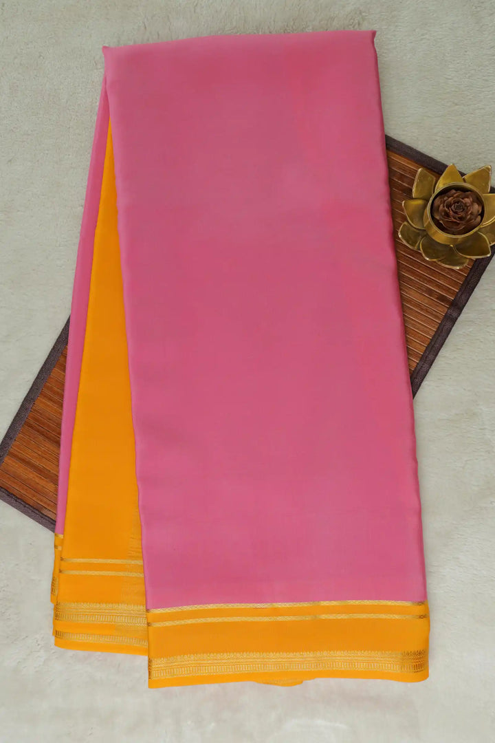 2 Line Bentex Gold Lace Border Pure Mysore Silk Saree in Pink and Yellow Color With Contrast Yellow Color Blouse